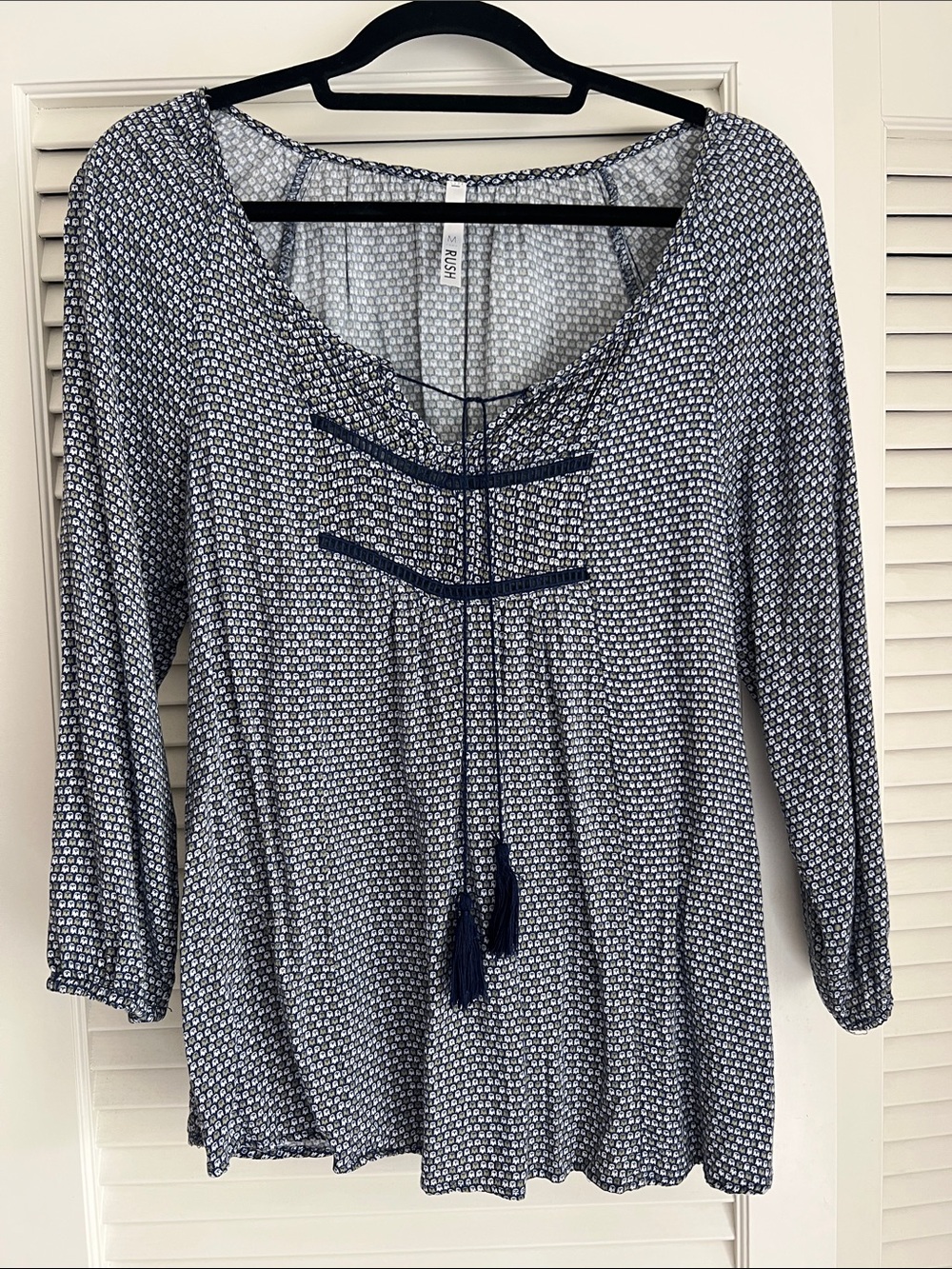 Women's Navy Patterned Peasant Blouse with Tassel Tie
